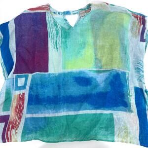 Chicos Lagenlook Watercolor Color Block Short Sleeve Linen Shirt Size L/XL